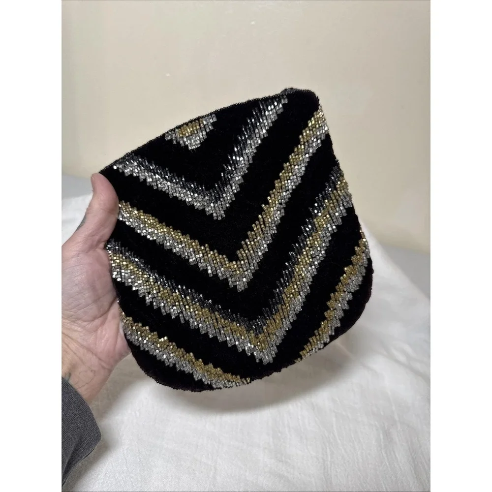 VTG Beaded Black Velvet Chevron Clutch Bag Purse Studio 18 La Regale Strap‎